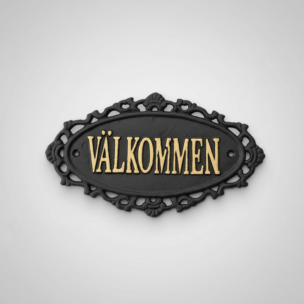 Gjutjärnsskylt "Välkommen", guldtext, 27cm